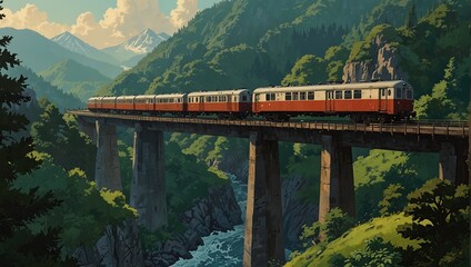 painting of a train traveling over a bridge in the mountains