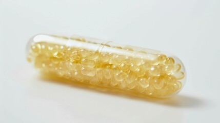 Close up of gelatin capsule filled with medication and medicinal granules inside