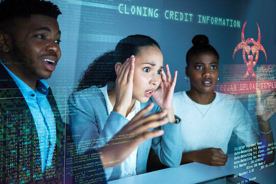 Business people, hacking and hologram for virus icon with stress, programming and scam with toxic symbol in night. Group, wow and futuristic warning for trojan horse, financial crime and fraud on web