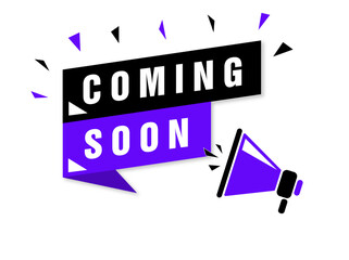 Male hand holding megaphone with Coming soon speech bubble. Loudspeaker. Banner for business, marketing and advertising. Vector illustration.