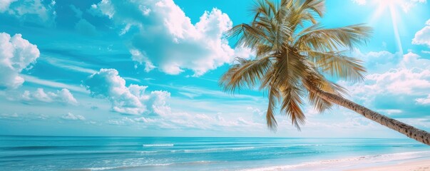 Vibrant image capturing a single, lush coconut palm tree against a clear blue sky with fluffy white clouds on a sunny day