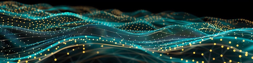 An abstract depiction of data connections where each dot represents a node in vibrant teal