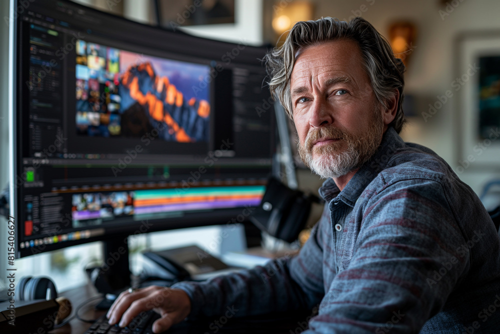 Aufkleber middle aged man sitting on desk with a large curved monitor displaying video editing