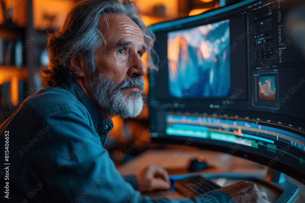 Aufkleber middle aged man sitting on desk with a large curved monitor displaying video editing