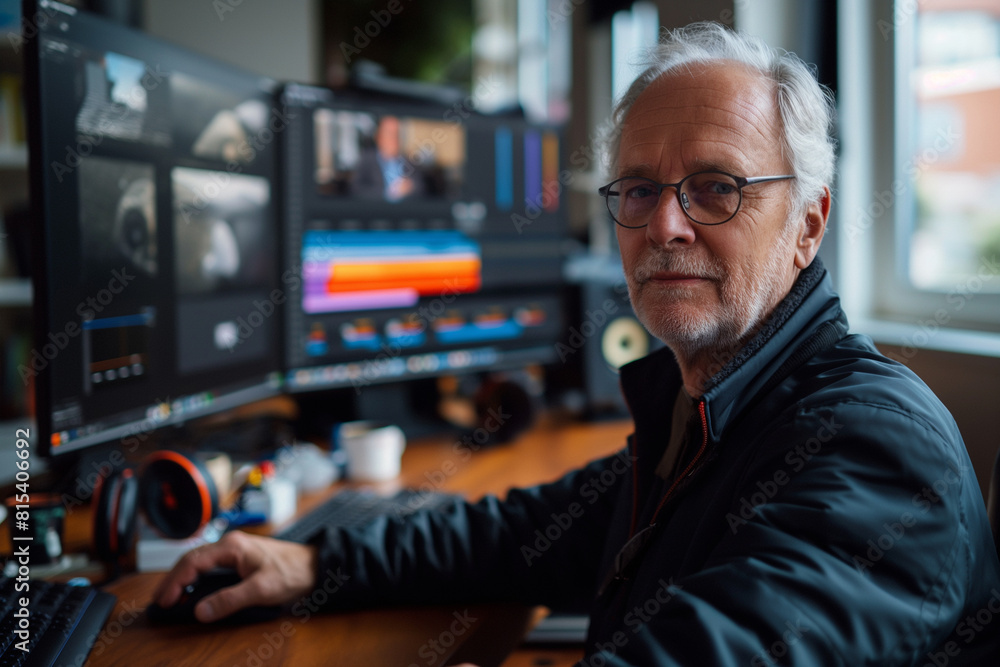 Poster middle aged man sitting on desk with a large curved monitor displaying video editing