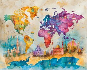 A watercolor map of the world with a twist, featuring colorful, whimsical elements and a creative background design Generative AI