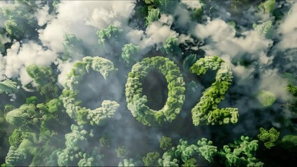 Aerial view of the letter CO2 made from a dense green forest, with clouds in the background