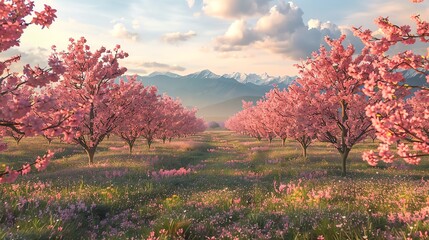 Blossoming cherry orchards with a backdrop of distant mountains, springtime bloom