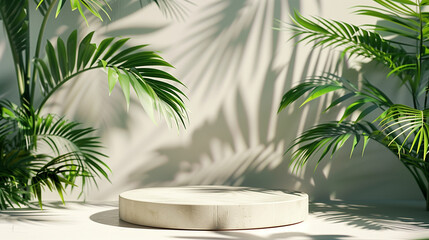 Obraz premium mock up platform on white background. in the studio with the shadow of tropical leaves, Ai generated Images