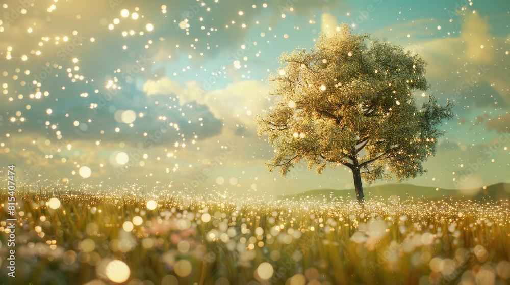 Poster immerse yourself in a whimsical scene where a tree standing tall in a field is adorned with glisteni