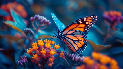 Monarch Butterfly on Blue Toned Flowers. Stunning macro shot of a Monarch butterfly on vividly colored flowers, enhanced by a dreamy blue-toned background.