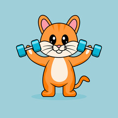 Cute Cat Lifting Barbell. Funny cartoon Cats. Illustration Animal Sport Isolated Flat Vector.
