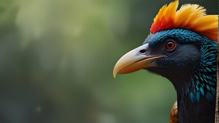 An avian wearing a helmet. Text space is provided.