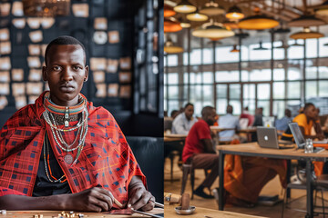 Obraz premium Maasai man in traditional attire seated in a modern cafe setting.