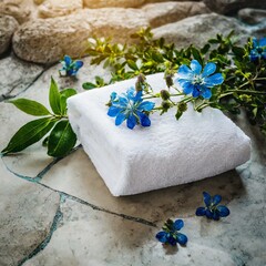 a white towel on a stone floor, embellished with blue flower buds and greenery. Picture a sophisticated setting that highlights natural textures and subtle colors, ideal for promoting luxury spa servi