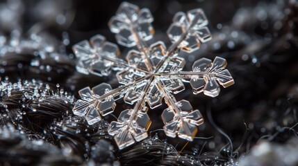 Fototapeta premium Macro Shot of a Unique Snowflake Crystal. Extreme close-up of a singular snowflake crystal, beautifully showcasing its symmetrical and delicate ice patterns against a dark backdrop.