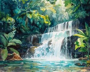 A watercolor painting of a lush rainforest waterfall, with vibrant greens and tranquil water elements in the background Generative AI