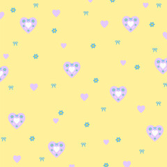 Illustration of flower, heart, ribbon on a pastel yellow background for floral print, girly pattern, kid clothes, dress, gift wrap, packaging, fabric, wallpaper, backdrop, picnic, Valentine card, ads