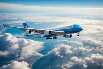 Fototapeta premium Blue cargo plane flying above the clouds across continents for international delivery