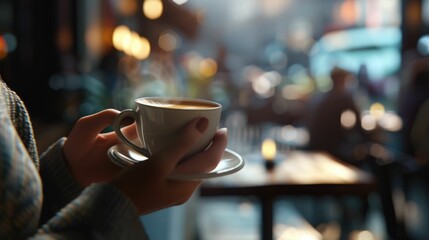 The close up picture of the person is holding the cup of the coffee by their own hand to relax inside the coffee shop for the relaxation near the street in the city that surrounded by building. AIG43.