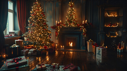 Christmas presents under tree, in front of decorated fire place Christmas presents under tree, in front of decorated fire place, Generative  AI