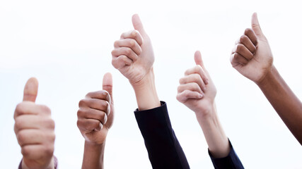 Thumbs up, diversity and agreement for success, yes or gesture for approval on white background. Hands, business people and teamwork with good job for collaboration, support and emoji for group