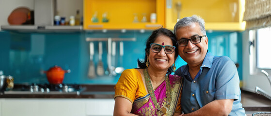 senior couple giving happy expression on kitchen background