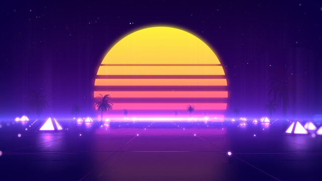 1980s retro style, coconut tree and sun in summer landscape abstract background.