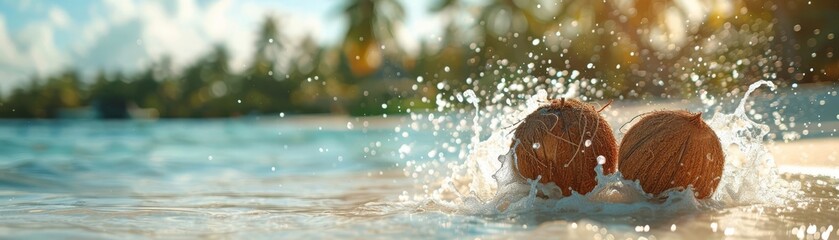Tropical coconuts and Charles with splashing water on the beach