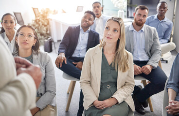 Business people, audience and coach presentation or listening for training, workshop or review. Men, women and group crowd for company development with project planning with faq, results or growth