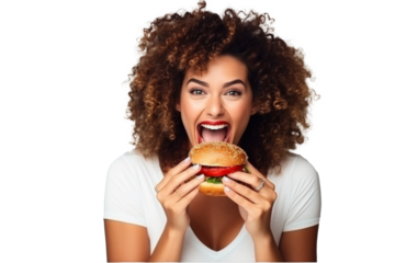 Excited woman with curly hair eating a burger, joyful expression, isolated on transparent background