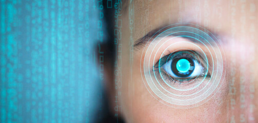 Woman, eye and hologram for biometric coding, cybersecurity and safety from computer virus in portrait. Person, retina scan and information technology with recognition, pattern and futuristic overlay