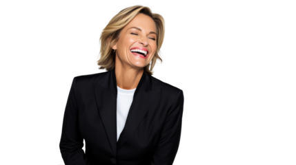 Laughing mature businesswoman in black suit, joyful expression, isolated on transparent background