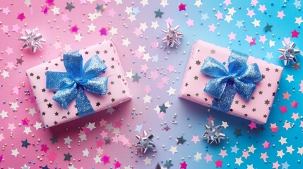 Obraz premium Gender Reveal Celebration Blue and Pink Party for Boy or Girl, Happy Baby Shower Announcement with Cute Illustration and attributes. Great as invitation card design template