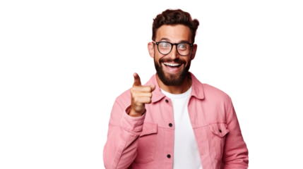 Friendly young man in pink jacket pointing towards the camera, cheerful expression, pink background