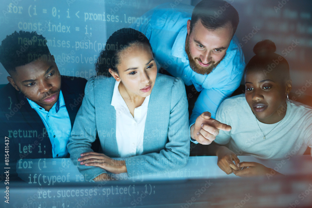 Poster People, office and overlay in computer with teamwork, collaboration and partner for coding. Diversity, employee and computer software or programming for information technology with research at night