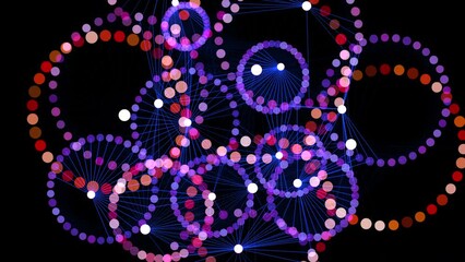 A dynamic and vibrant video featuring colorful circles, lines, fireworks, and a network of dots on a black background. Perfect for a modern and innovative visual concept - Powered by Adobe