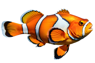 Vibrant clownfish isolated on a transparent background, ideal for marine life projects, educational materials, and ocean-themed designs.