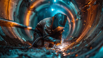 A welder wearing a reflective suit welding inside a new water tank.