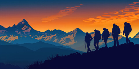 Naklejka premium Silhouettes of hikers trekking at dawn with mountain backdrop.