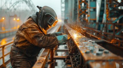 A welder wearing a protective mask welding a steel girder on a bridge.