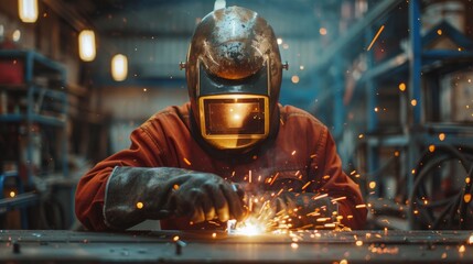 A welder wearing a GoPro to record and review welding techniques.