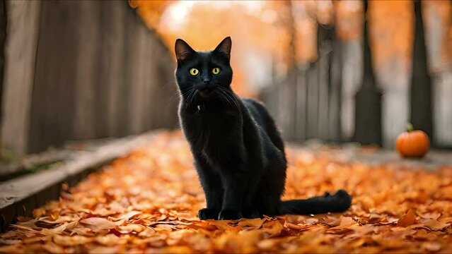 Halloween black cat with yellow eyes among autumn leaves. Looking at the camera.The concept of a fun and horror Halloween holiday. 4k