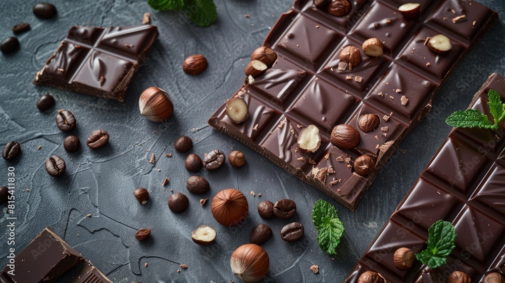 Aufkleber on a sleek dark gray tabletop a tempting array of chocolate adorned with hazelnuts mint leaves and c