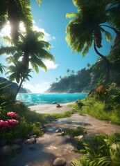 tropical beach scene with trees and plants