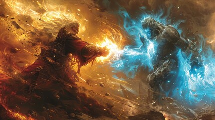 Fototapeta premium Superhero and his enemy fight in space.