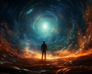 A man stands in front of a large, swirling vortex of light and fire