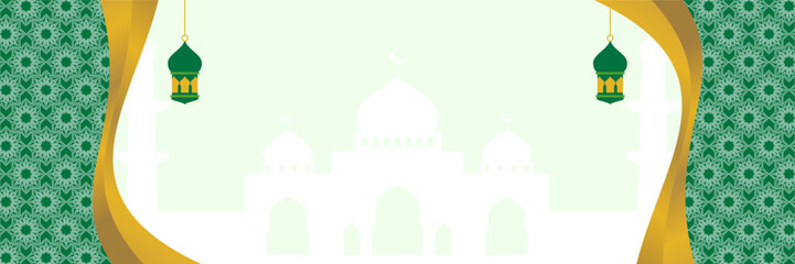 Green Islamic background, with lantern ornament, mandala and mosque silhouette. free copy space area. banner design, greeting cards for Islamic holidays, Eid al-Fitr, Ramadan, Eid al-Adha
