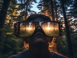 A woman wearing sunglasses is looking at the sun
