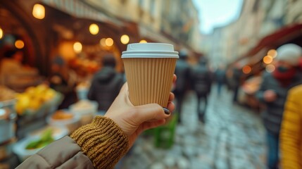 The close up picture of the person is holding the cup of the coffee by their own hand and walking on a street for relaxation also surrounded by building in city with people on blur background. AIG43.